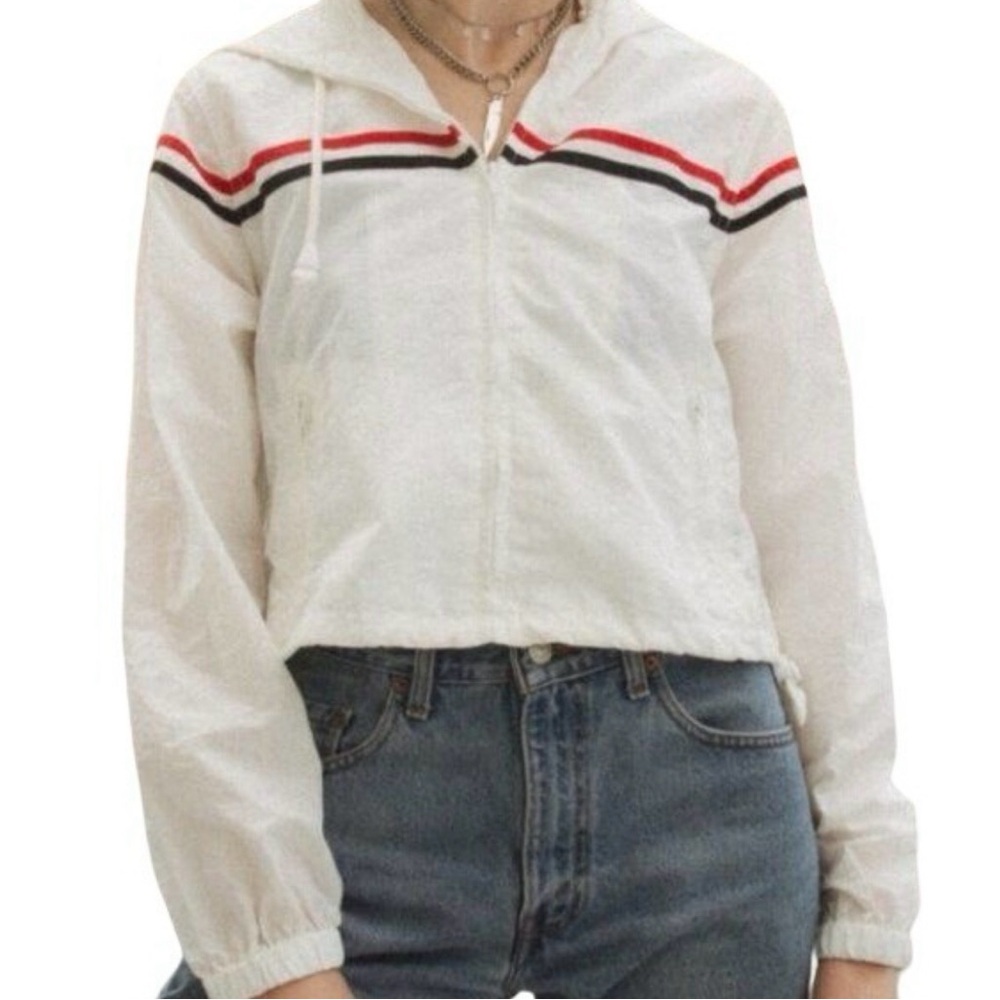 Brandy Melville White Bomber Jacket with Red and Black Accents